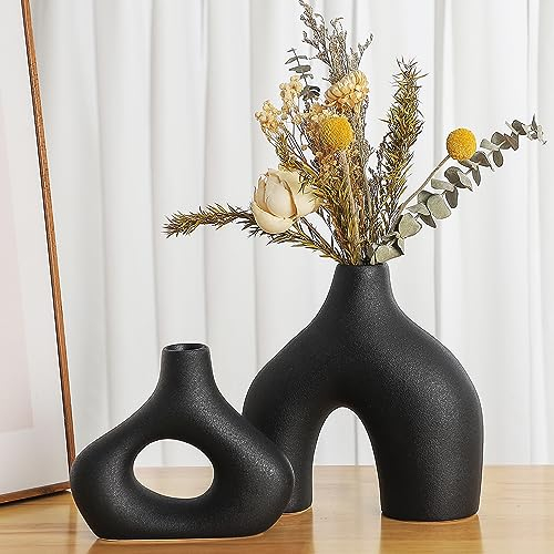 Sawoake Lot de 2 vases en céramique Noire pour décoration d'intérieur Moderne, Ronds, Mats, pour Herbe de la Pampa, Style Minimaliste bohémien Neutre, pour Salon, Mariage