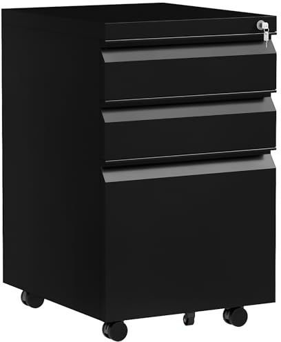 Vinsetto 3-Drawer Filing Cabinet with Lock, Mobile Steel File Cabinet for A4, Legal and Letter Size, Under Desk Drawers with Pre-Assembled Body for Home Office, 37 x 43.5 x 60 cm, Black