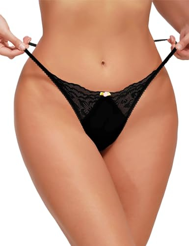 FULLJOYLOVE Lace G-String Thongs for Women Seamless Sexy Floral Underwear Breathable T-back Tangas Low Waist Briefs Black