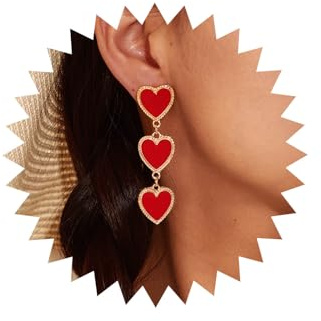 TseenYi Esmalte Rojo Pendientes Colgantes Corazón Largo Pendientes De Corazón Rojo Entrelazados Pendientes De Gota De Corazón De La Vendimia Triple Corazón Amor Eearrings Joyas Para Mujeres Y Niñas