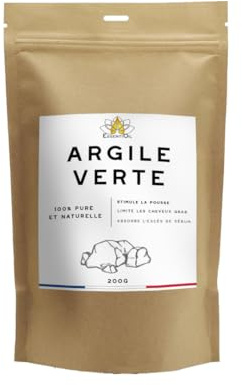 ESSENTIOIL Argile Verte en poudre - 100% Naturel - Purifie le cuir chevelu, Absorde l'excès de sébum, Détoxifie, Tonifie, Assainit la peau, Facilite la cicatrisation - 200g - Marque Française