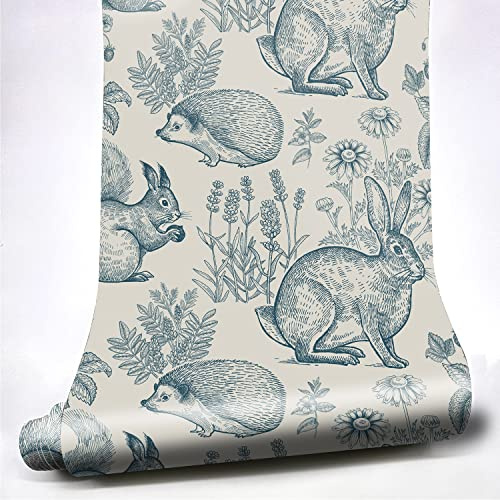 neukids Animal Wallpaper self Adhesive, Rabbit Squirrel Hedgehog Flowers Wallpaper Art Deco Children's Room, Living Room Bedroom Kitchen Cabinets Fireplace Decor 40x250cm