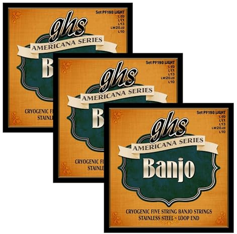 GHS Strings - Americana Series - 5-String Banjo Strings - Crygenically Treated Stainless Steel - Light Gauge- 010-020 - Model: PF 190 SET - Pack of 3 SETS