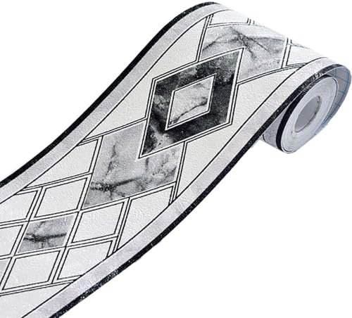 Jodimitty PVC Bordüre Selbstklebend Schwarz Weiß Gitter 5 Meter x 10.6cm Wasserdicht Tapetenbordüre Wandbordüre Aufkleber Abziehbare Wandtapeten Bordüre für Wohnzimmer Schlafzimmer Bad Küche