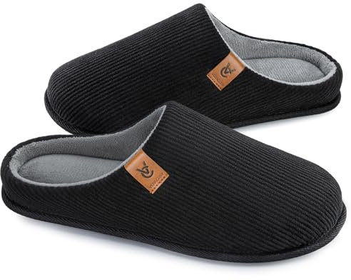 VeraCosy Herren Cord Pantoffeln gemütlich Anti-Rutsch-Gedächtnisschaum Hausschuhe mit Koralle Fleece-Futter Dunkles Schwarz,44-45 EU