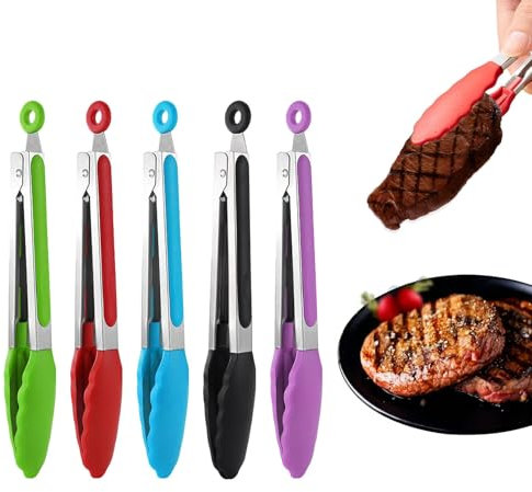 Set di 5 pinze da cucina, pinze per barbecue, in acciaio inox, con punte in silicone per cucinare, punte in acciaio inox e silicone senza BPA, per insalata, pinze da cucina, pinze per barbecue.
