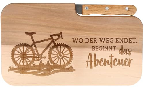 Spruchreif | Planche à pain avec couteau et gravure « Où le chemin se termine, l'aventure commence » - Planche en bois avec couteau - Idéal comme cadeau pour les cyclistes et les fans de plein air