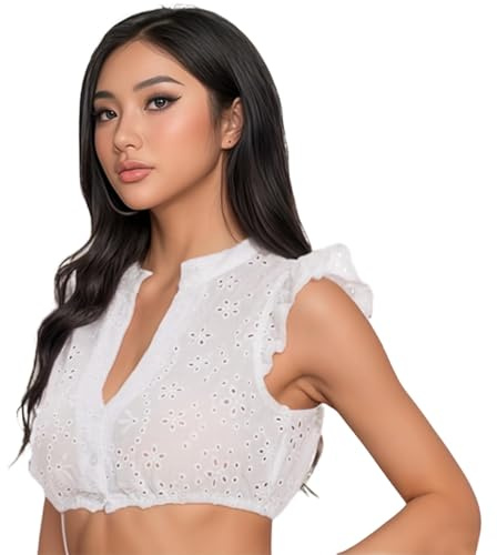 GWAWG Blouse Traditionnelle à Manches Courtes pour Femme - Blouse Bavaroise Élégante en Dentelle pour Fête de la Bière (FR/ES, Alpha/Lettres, TG, Taille Normale, Taille Normale, White)