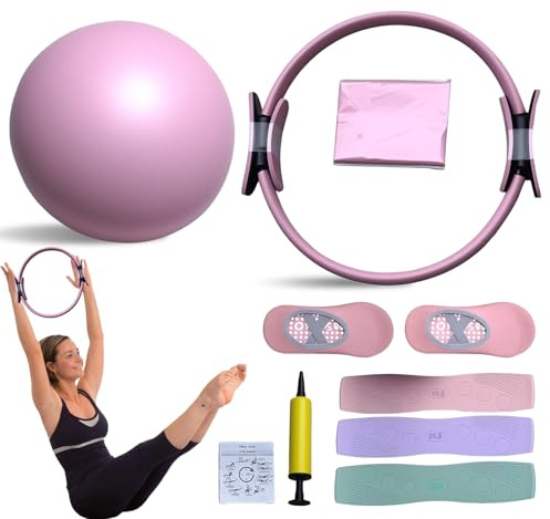 Pilates Essential Kit, Portable Home pilates kit for women,with Toning Pilates Ring &Long Resistance Bands & Soft Pilates Ball & Pilates Grip Socks,Pilates Equipment for Full-Body Exercises (pink)