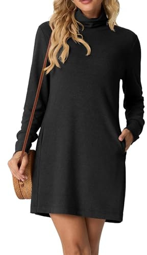 GRECERELLE Womens Turtleneck Mini Dress Long Sleeve Mock Neck Classic Basic Everyday Dresses for Autumn Winter with Pockets (Black, XL)
