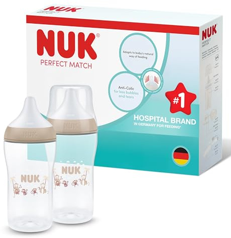 NUK Perfect Match Babyflaska | 3+ månader | 260 ml | Anti-kolikmatningsflaska | PP | Temperaturindikator | Apa | 2 stycken