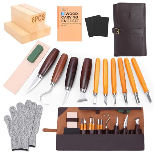 25PCS Kit Sculpture Bois, Outil de Ciseaux à Bois Professionnel | 10 Couteaux à Détails et à Sculpter, 8 Blocs de Tilleul, Cire à Polir, Gants, Sac en Cuir, pour Débutants & Pros DIY