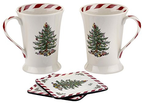 Spode Pimpernel Christmas Tree Peppermint Mugs & Coasters Set - Set of 4