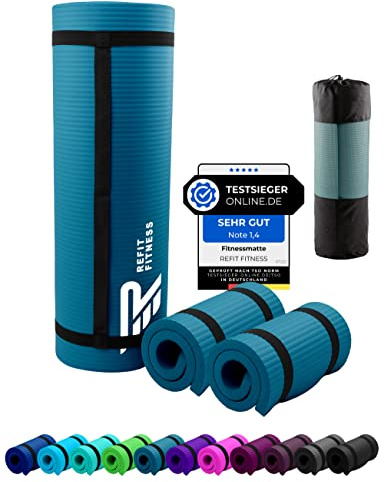 NBR Fitnessmatte Yogamatte 190 x 60 x 1.0 + 2 Fitness Pads 25 x 61 x 1,5 cm Petrolblau Petrol Petroleum Blau Blue Sportmatte Gymnastikmatte rutschfest Matte Sport Yoga Kniematte Gymnastik Tragegurt