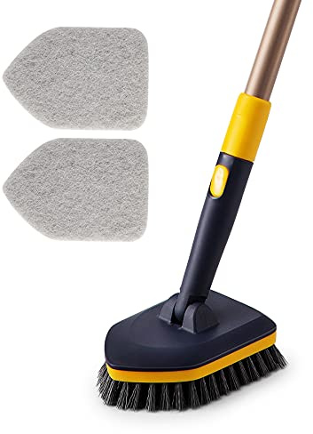 Yocada Tub Tile Scrubber Brush 2 in 1 Cleaning Brush 58.2 Inch Adjustable Telescopic Pole Stiff Bristles Scouring Pads for Cleaning Bathroom Kitchen Toilet Wall Tub Tile Sink Non Scratch