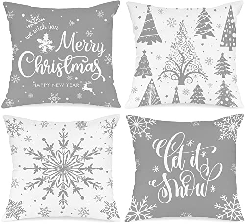 Lanpn 4 Stück Weiß und Grau Kissenbezug Weihnachten Kissenhülle 50x50 cm, Winterliche Schneeflocken Dekorative Weihnachtskissen für Weihnachtsdeko Christmas Bettwäsche Sofa Decorations (Grau)