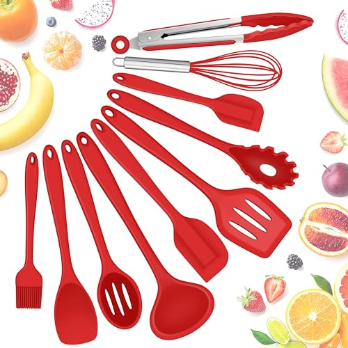 Herogo Kitchen Utensils Set, 10 Pcs Silicone Cooking Utensils Set for Baking, Non-Stick & Heat Resistant Cookware Include Spatula Whisk Spoon Turner Tongs, Non-toxic & Dishwasher Safe, Red