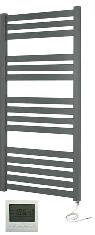 Greened House VAS 500 x 1165mm Designer Anthracite Electric Towel Warmer Flat Panel Towel Rail + Timer and Room Thermostat