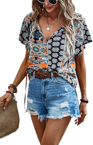 Awemeal Damen Bluse Sommer Rüschen Kurzarm V-Ausschnitt Shirt Boho Drucken Strand Top T-Shirt Casual Lose Tunika Oberteil (XL, Navy Blau)