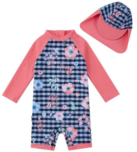 upandfast Baby Mädchen Badeanzug UPF 50+ Kleinkind Einteiliger Swimwear mit Sonnenhut (Blau Blume, 24-36 Monate)