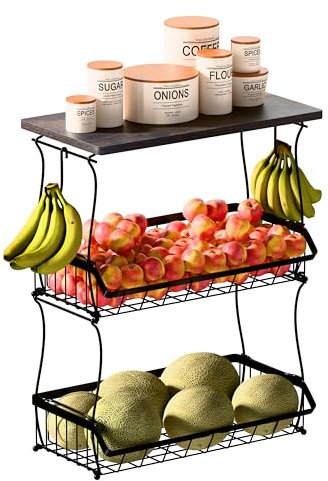 Linoch Obstkorb mit 3 Etagen und 2 Bananenhalter – Obst Aufbewahrung in Küche – Obst Etagere 3 Stöckig - Gemüsekorb aus Metall für Obst Früchte Gemüse und mehr - Obstschale Mehrstöckig