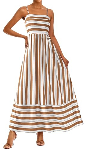 PRETTYGARDEN Summer Dresses for Women 2025 Beach Maxi Dress Spaghetti Strap Floral Boho A Line Wedding Guest Flowy Long Dress(Striped White Khaki,Large)
