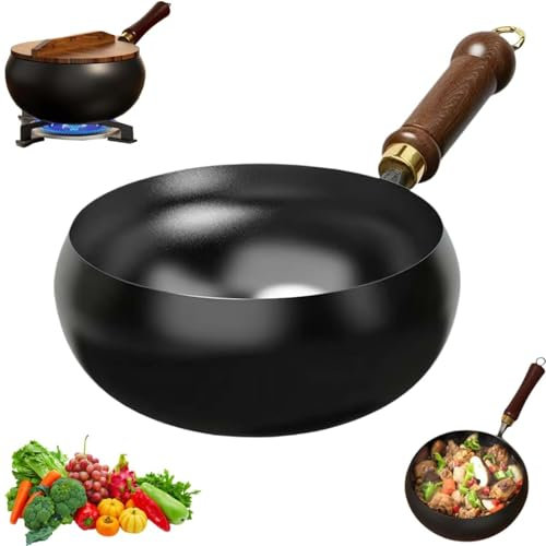 REGAPOG Poêle en Fonte Wok Chinois Grand Ventre - Poêles en Fonte et Poêle en Fer, Diamètre 28cm, Fabriquée Artisanale sans Revêtement, Poignée en Bois Naturel pour Cuisson Authentique