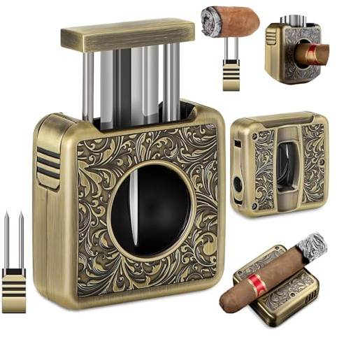 CLZOONG V Cut Cigar Cutter 4 in 1 Multi-Functional with Cigar Punch, Twin Needle and Holder, Stainless Steel Retro Sharp Cigar Accessories, Gift Box Packaging (Gold)