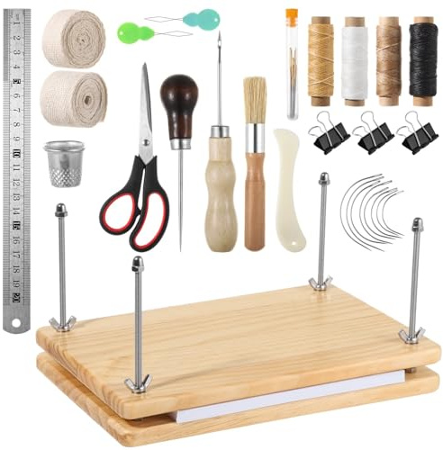 boxoon Complete 40-Piece Book Binding Set, Wooden Press, Bone Folder, Awl, Waxed Thread, And More For Diy Projects