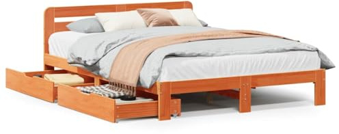 Foknhdi Letto in legno massiccio senza materasso, 120 x 200 cm, in legno di pino marrone cera, 2 cassetti sotto il letto, robusto telaio per camera dei ragazzi, camera degli ospiti, camera da letto