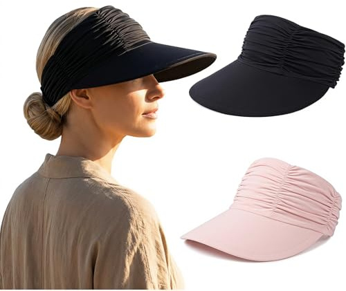 ZMIYIAC 2Pcs Pink Black Sun Visor for Women, Sun Hat Wide Brim Hat Women Elasticity Foldable Beach Hat Visor Cap for Golf Outdoor Cycling Fishing Running Beach Vacation (Black Pink)