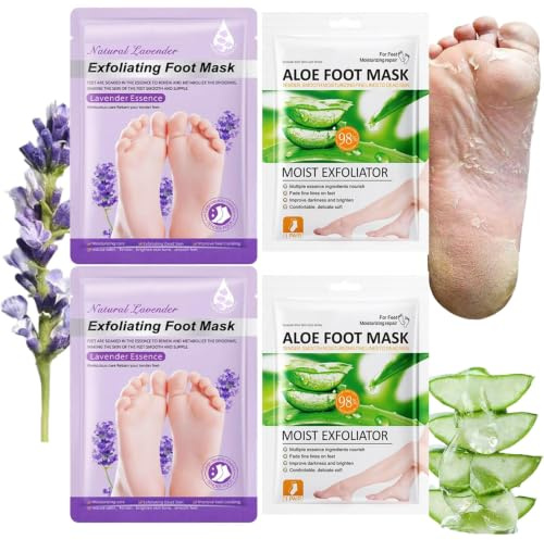 4 Pares Mascarilla Hidratante Para Pies, Mascarilla Pies Exfoliante, Mujeres y Hombres Quitar Piel Muerta y Callos, Reparar el Talón Agrietado y Muerto (2 pares Aloe Vera + 2 pares Lavanda)