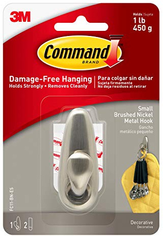 Command FC11-BN Small Brushed Nickel Hooks with Strips (Pack of 2, 1 Hook and 2 Small Adhesive Strips Each)