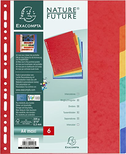 Exacompta - Ref 2406E - Avdelare i äkta 225g/m2 FSC mjuk glansig kartong med 6 neutrala flikar - Max A4 arkiveringsformat - Mått 24,5 x 29,7 cm - Assorterade färger