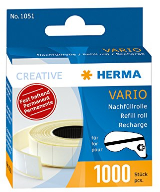 HERMA Kleberoller Nachfüllkassette Doppelseitig Permanent Selbstklebend, 10 Nachfüllpackung mit jeweils 1.000 Klebestücke (12 x 13 mm), Fotokleber Refill Nachfüllrolle für HERMA Klebebandroller