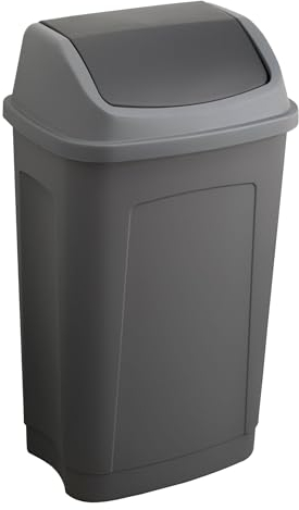 Sundis Swing, poubelle à couvercle basculant 50 L, rectangulaire, en plastique recyclé, gris et noir, pour cuisine, bureau, buanderie, atelier, garage
