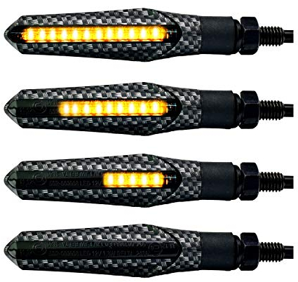 Simda Pro Motorrad Blinker LED Lauflicht Schwarz Carbon Design E mark Miniblinker Universal Sequentiell Laufeffekt Quad ATV Roler Lauflichtblinker Wasserprüf IP67