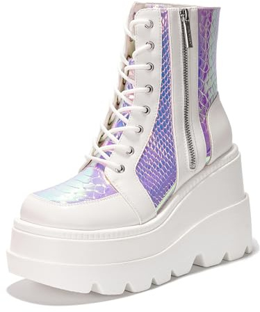 Cape Robbin Women's Holographic Platform Ankle Boots Chunky Block Heel Lace Up Side Zip (Radio) White 8