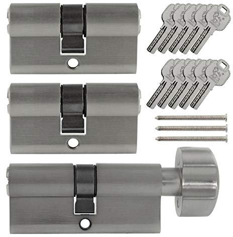 3x Tür Zylinder Schloss 70 mm & 80 mm gleichschliessend +10 Schlüssel Schliessanlage (2x 70mm - 1x 80mm mit Knauf)