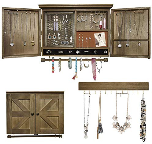 GLANT Rustic Wall Mounted Jewelry Organizer with Wooden Barndoor Decor， Wall Mount Holder,Jewelry holder for Necklaces, Earings, Bracelets，Ring Holder. Includes matching hook organizer (wood color)