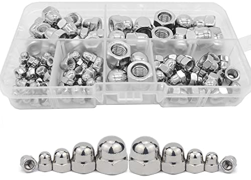 100 Pcs Stainless Steel Acorn Dome Head Hex Nuts, Head Cap Nut M8/M6/M5/M4/M3 Dome Hex Hexagon Acorn Nuts, Nut Assortment Kit, Round Fastening Domed Cap (Silver)