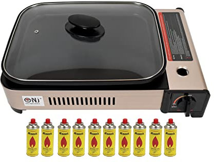 NJ Portable Gas BBQ Deep Dish Grill Stove Tabletop Camping Cooker Non-stick Pan Glass LID (Gas Grill + 10 Canisters)