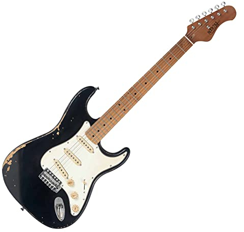Rocktile Vinstage ST-RMBK E-Gitarre - Relic-Gitarre in Aged-Style - Korpus: Esche - Griffbrett/Hals: gerösteter Ahorn - 3x Single Coil Pickup - Vintage-Hardware - Black
