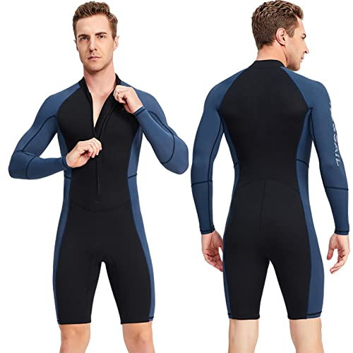 DASJD Neoprenanzug Herren Kurz, 1.5mm Neopren Badeanzug mit Frontverschluss, Thermo Volle ärmellänge Nassanzüge für Spearfishing, Schnorcheln, Surfen, Kanufahren,Blau,L