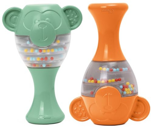 Chicco Maracas Eco+ Scimmie, Gioco Sonoro in Plastica Riciclata, 2 Maracas Colorate da Afferrare, Scuotere e Suonare, Giocattolo per Bambini 6-36 Mesi