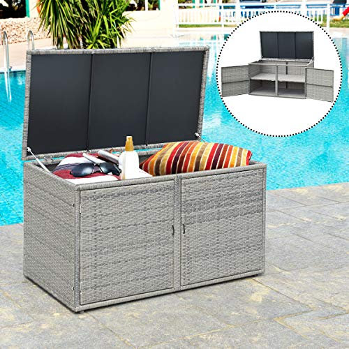 TANGZON 2-Tier Garden Storage Box, 2-Way Opening Rattan Deck Box Chest with Flip-Top Lid, Outdoor Weatherproof Storage Organiser with Metal Frame for Toy Cushion Poolside Patio Balcony (Grey)
