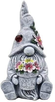 Yeomoo Funny Gnome Garden Ornaments Outdoor - Resin Waterproof Sculpture with Ladybird and Flowers Solar Lights Lawn Yard Patio Decorations Room Accessories - Gifts for Women Men Mum Birthday