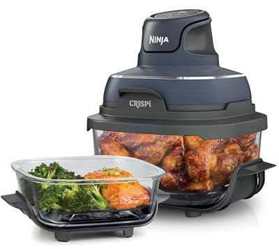 Ninja Crispi 4-in-1 Glass Air Fryer | 450°F | Non-Toxic | 4QT & 6-Cup Glass Containers w/Lids | Microwave, Freezer, Dishwasher Safe | Max Crisp, Air Fry, Bake, Recrisp | Cyberspace Gray, FN101GY