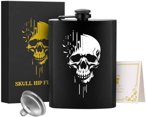 1 fiaschetta in acciaio inox da 226,8 g, fiaschetta tascabile, con imbuto e biglietto di auguri, confezione regalo, con motivo teschio bianco, perfetta per campeggio, escursionismo e attività