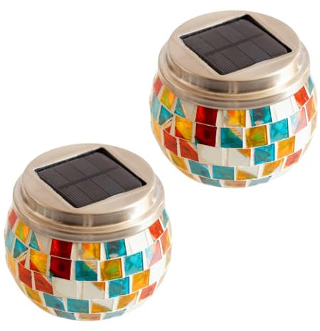 Garden Mile - Juego de 2 luces solares de colores de cristal LED multicolor con sensor automático - Luces de exterior de mosaico para decoración de terraza (maceta solar multicolor x2)